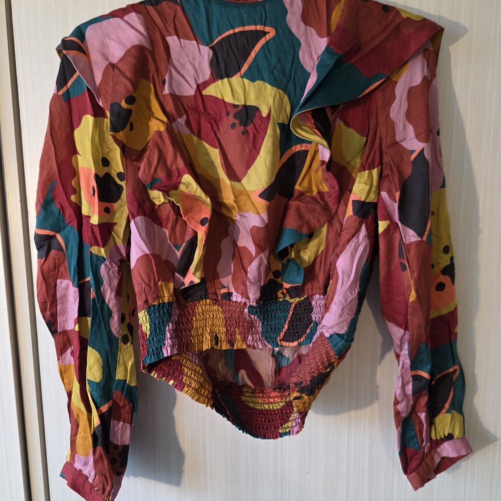 Marine Layer Multicolor Floral Smocked-Hem Blouse in Yellow, Pink & Teal